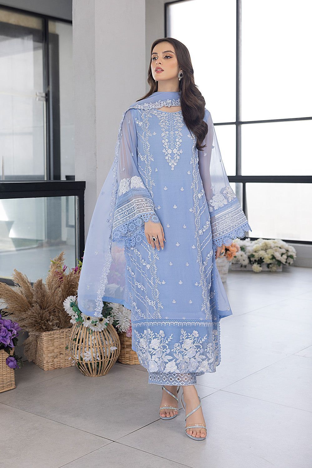 Azure Luxury Organza Dress – Thread & Sequin Embroidered Suit - Image 4