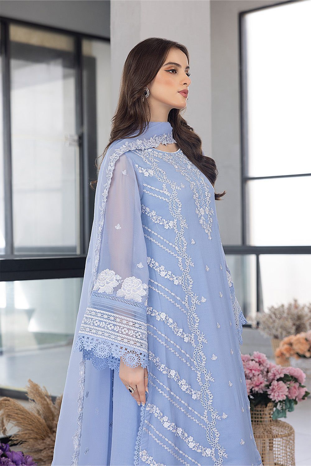 Azure Luxury Organza Dress – Thread & Sequin Embroidered Suit