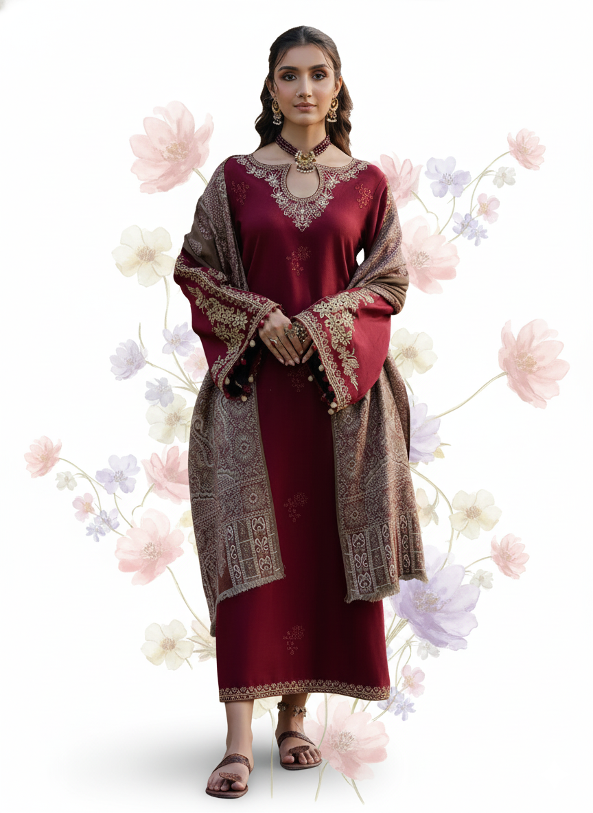 IZEL Winter 2025/26 Collection – Premium 3PC Embroidered Suits with Pashmina Shawl