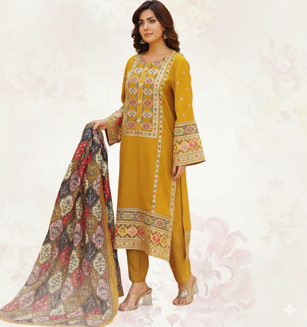 Premium 3PC Sequined Embroidered Suits with Pashmina Shawl - Image 7