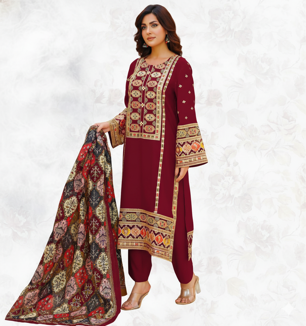 Premium 3PC Sequined Embroidered Suits with Pashmina Shawl