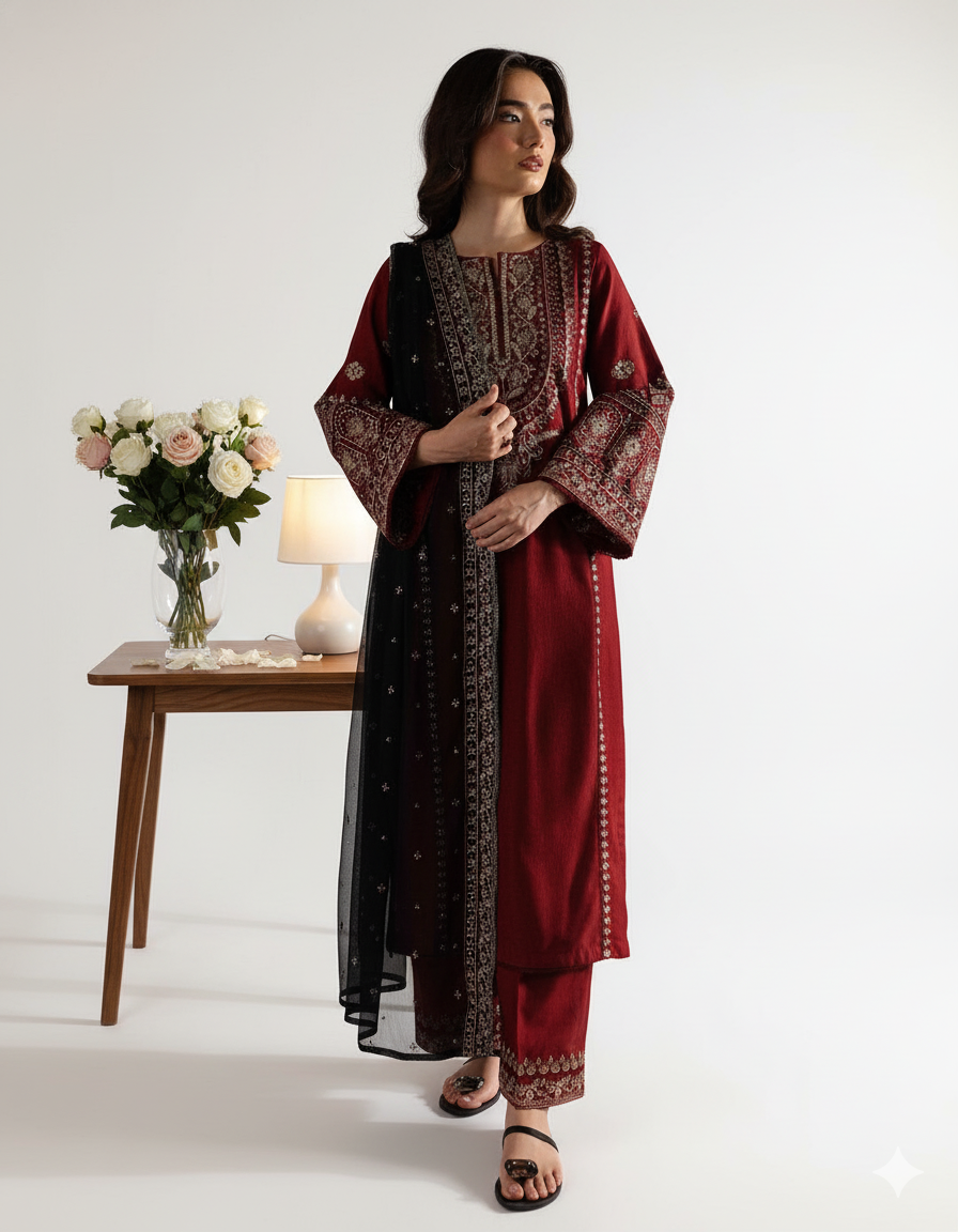 BATIK PREMIUM 3PC SEQUINED EMBROIDERED SUIT WITH DHANAK SHAWL