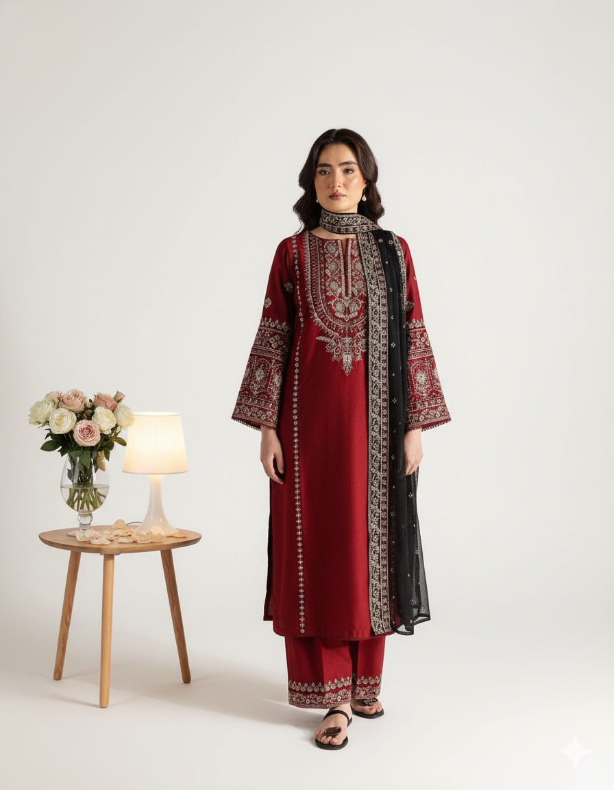 BATIK PREMIUM 3PC SEQUINED EMBROIDERED SUIT WITH DHANAK SHAWL - Image 4