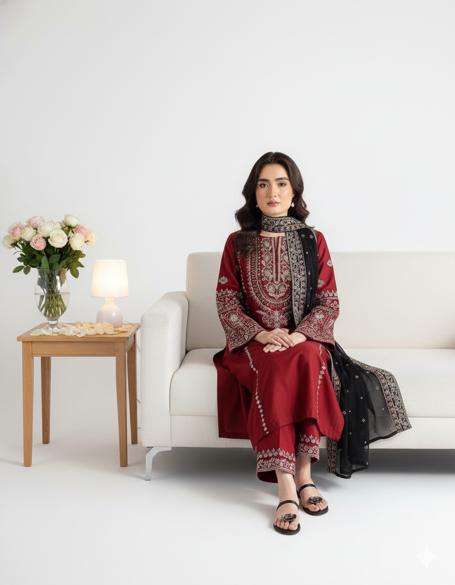 BATIK PREMIUM 3PC SEQUINED EMBROIDERED SUIT WITH DHANAK SHAWL - Image 3