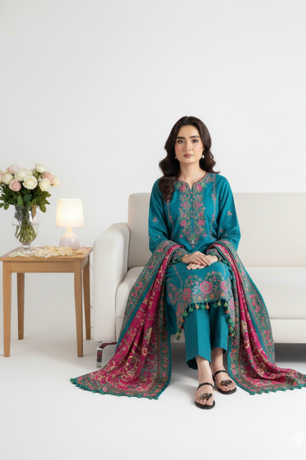 HUSSAIN REHAR PREMIUM 3PC EMBROIDERED SUIT WITH PASHMINA SHAWL