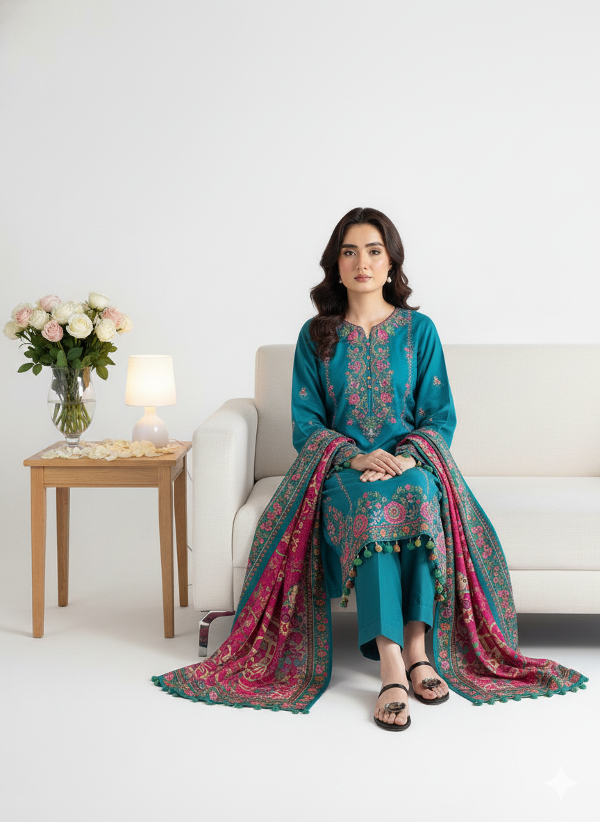HUSSAIN REHAR PREMIUM 3PC EMBROIDERED SUIT WITH PASHMINA SHAWL