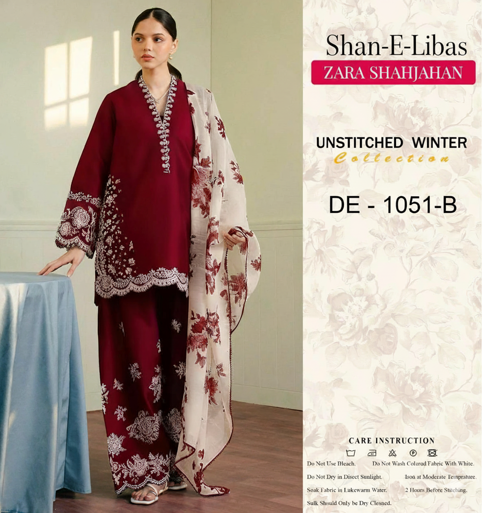 ZARA SHAHJAHAN PREMIUM 3PC EMBROIDERED SUIT WITH PASHMINA SHAWL
