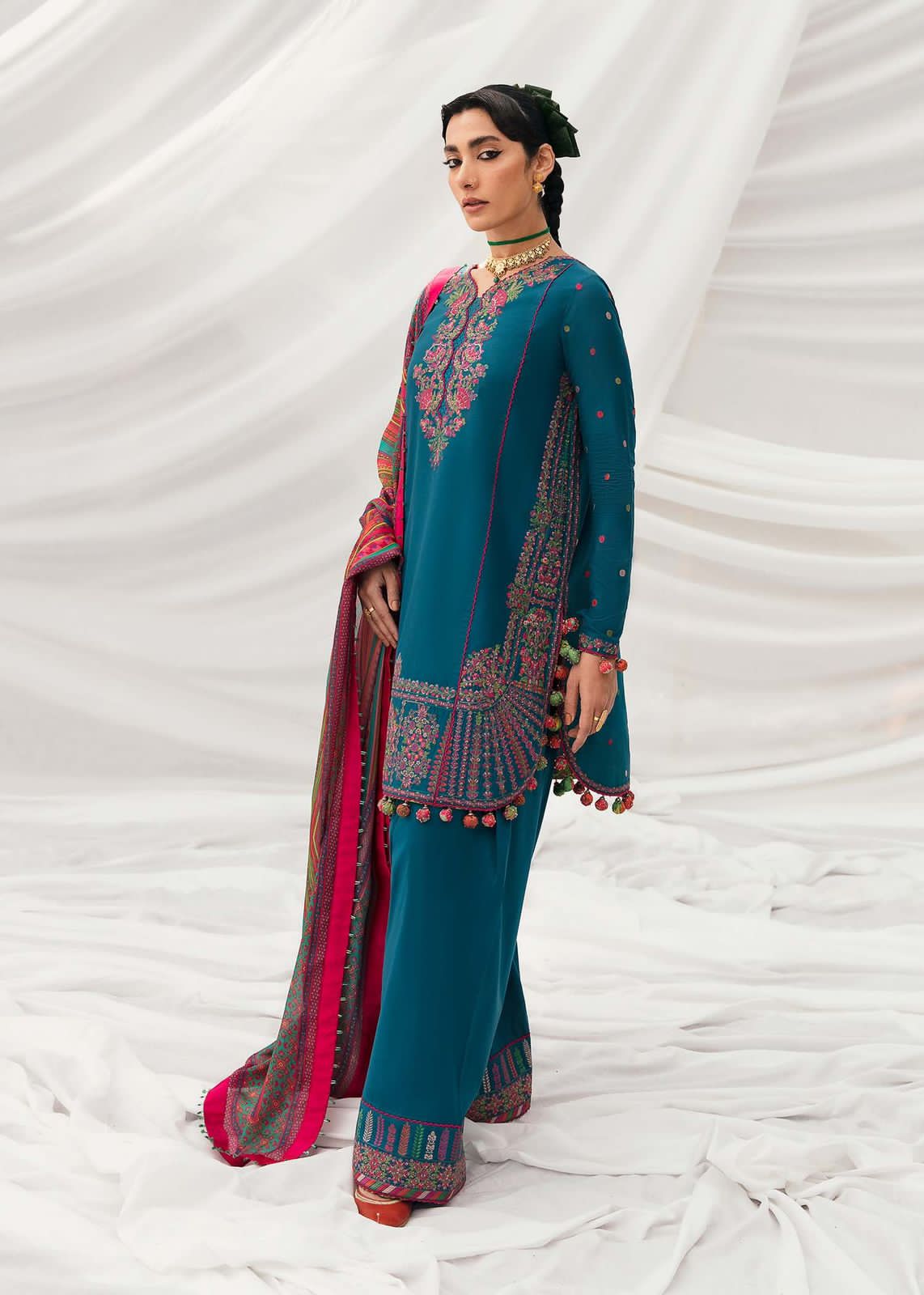 HUSSAIN REHAR PREMIUM 3PC EMBROIDERED SUIT WITH PASHMINA SHAWL - Image 3