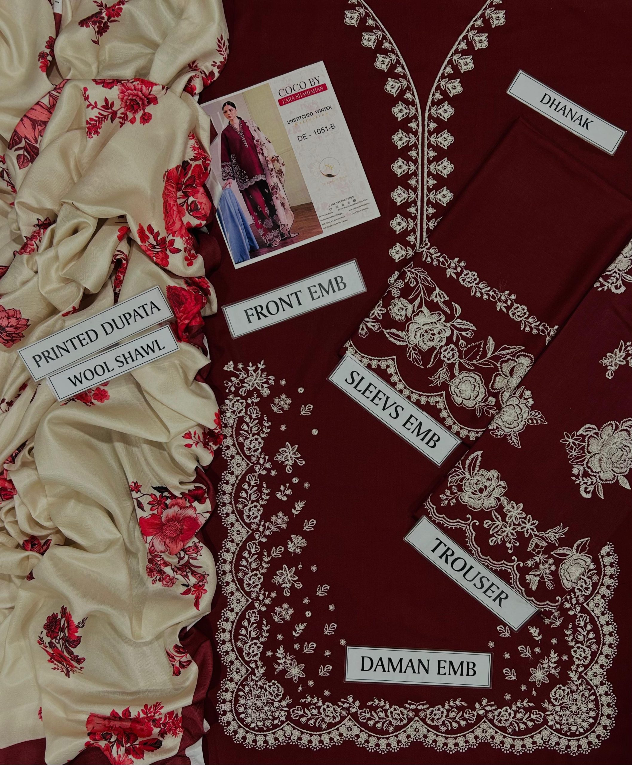 ZARA SHAHJAHAN PREMIUM 3PC EMBROIDERED SUIT WITH PASHMINA SHAWL - Image 3