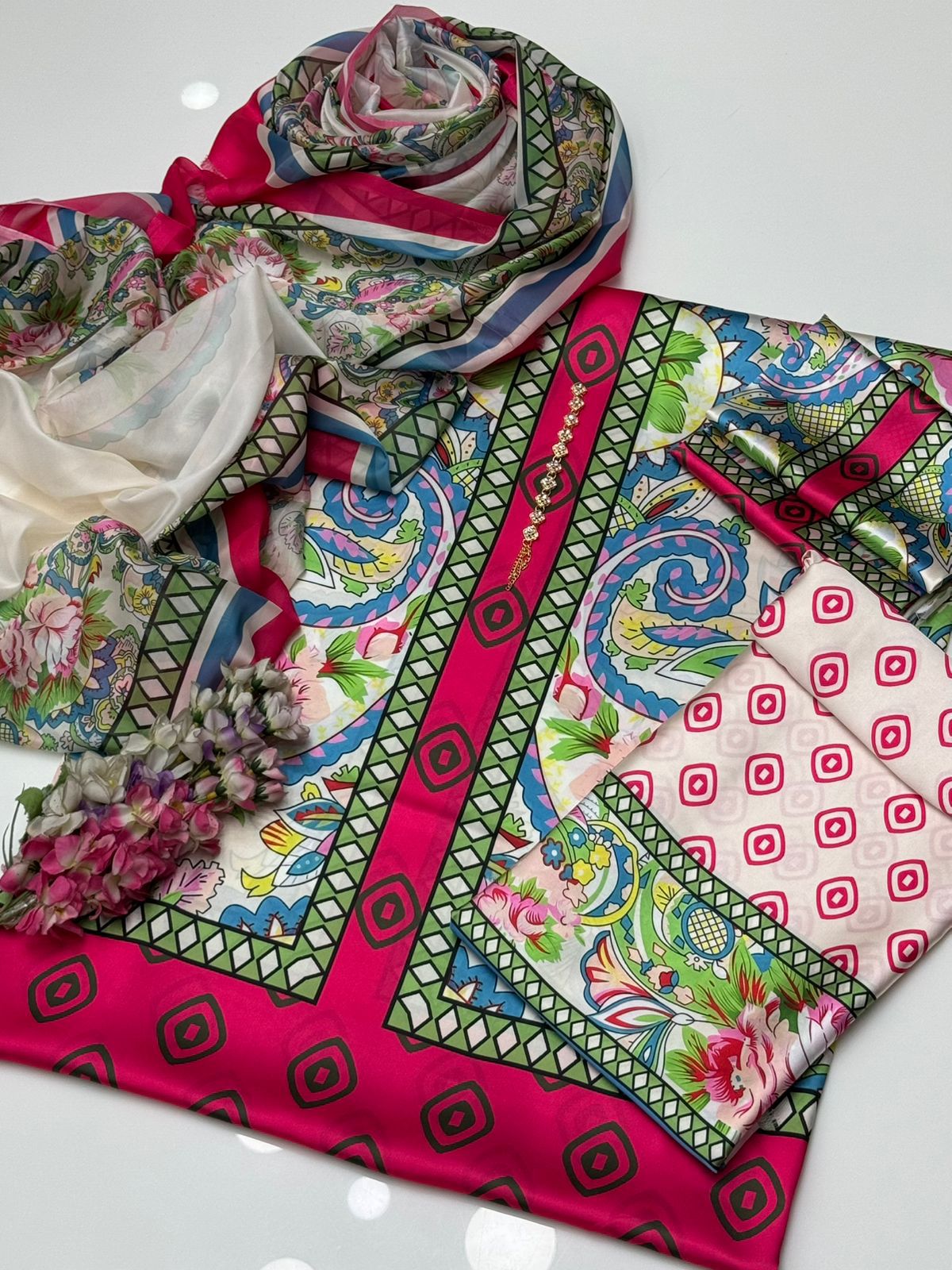 Printed Silk 3PC Dress – Shirt, Trouser, Dupatta