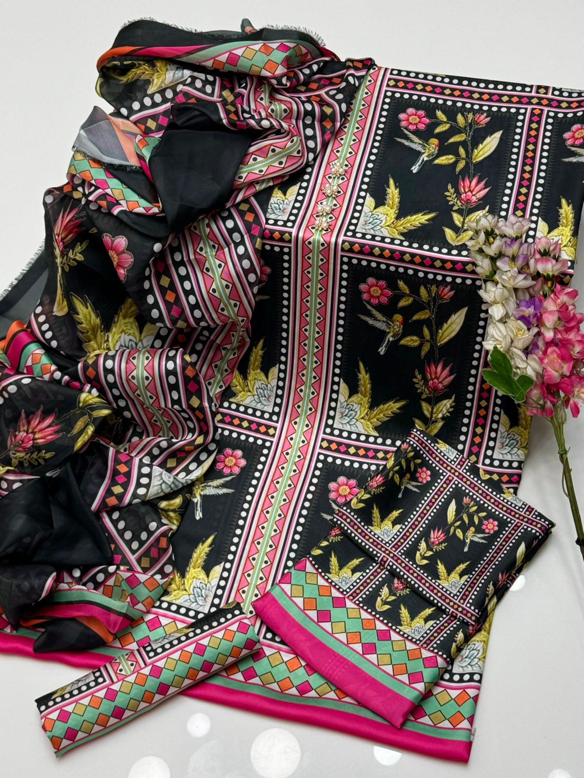 Digital Printed Silk 3PC Dress – Shirt, Trouser & Dupatta